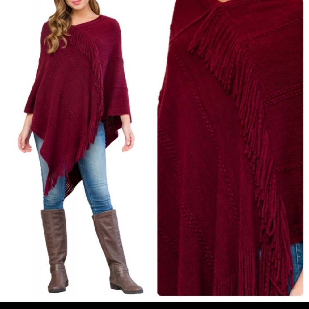 HP! Soft Fringe Poncho, Wine Color - Picture 2 of 3